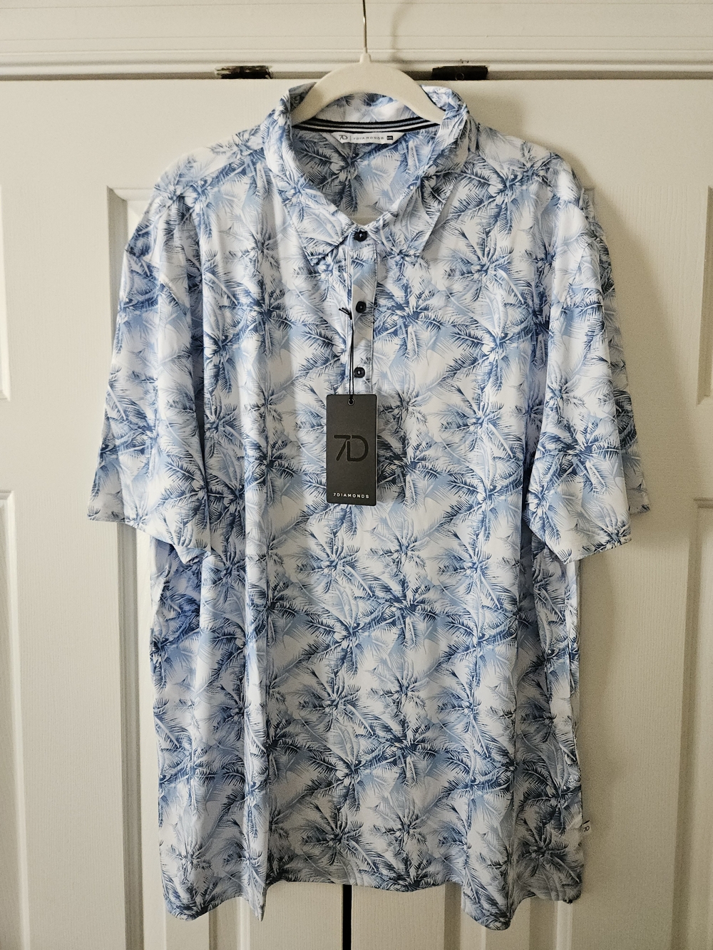7 Diamonds Blue and White Palm-Print Polo Shirt, 4Way Stretch. XXL,NWT.